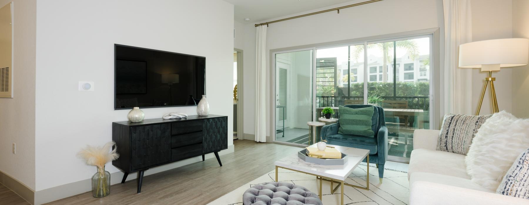 a living room with a fireplace